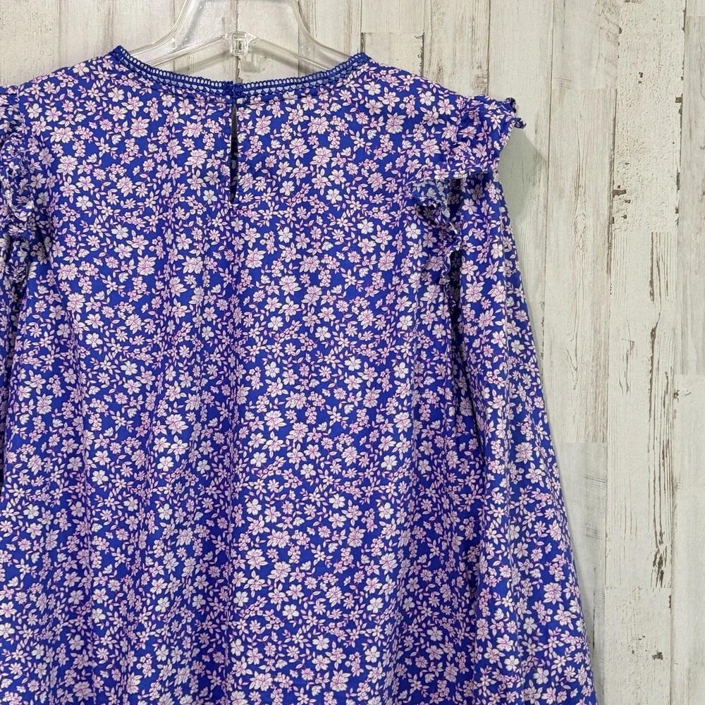 J Crew Floral Ruffle Shoulder Popover Blouse XL Blue Pink Floral Boho Summer